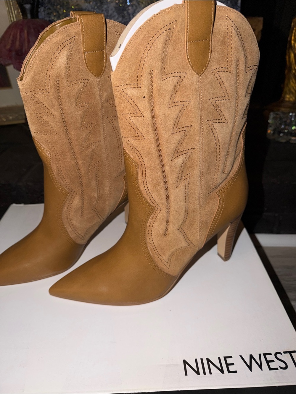 Nine West Camel/Tan Pointed-Toe Western Stiletto Boots